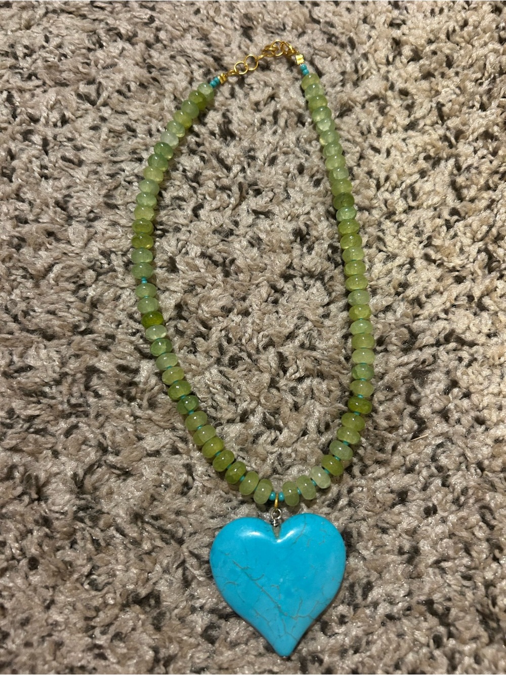 Green Beaded Necklace with Turquoise Heart Pendant